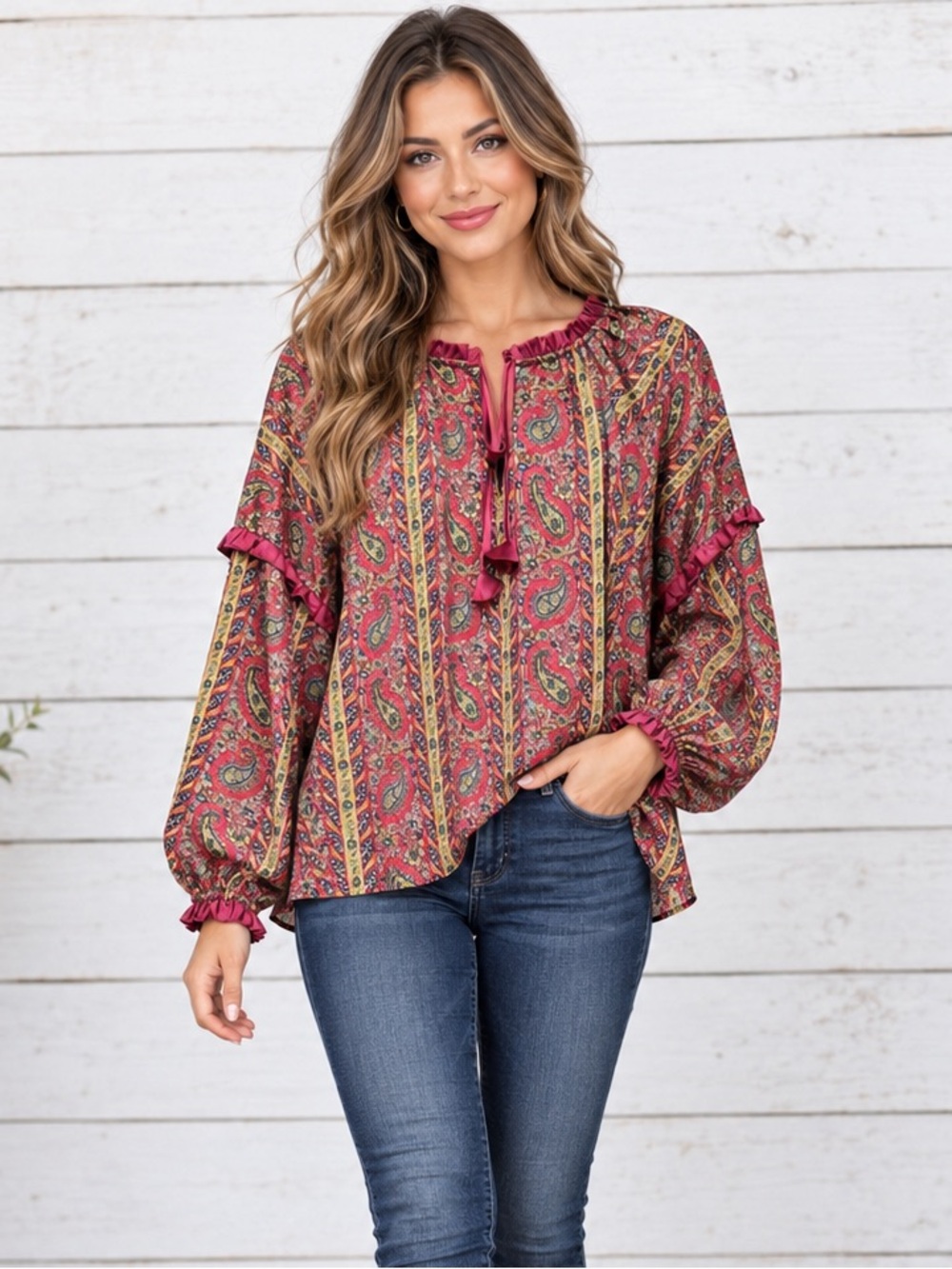Umgee Paisley Ruffle Collar Balloon Sleeve Blouse Medium #G186